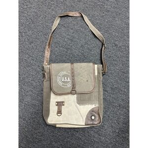 Myra Bags Upcycled Canvas Leather Crossbody Messenger Bag Zip Top Beige Gray